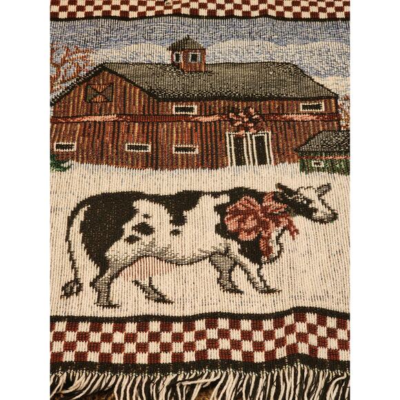 Vintage Tapestry Rug Country Christmas Cow Barn Rustic Farmhouse Table 20x36 - Picture 1 of 11